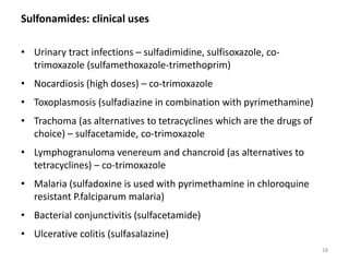 Sulfonamides: clinical uses
• Urinary tract infections – sulfadimidine, sulfisoxazole, co-
trimoxazole (sulfamethoxazole-trimethoprim)
• Nocardiosis (high doses) – co-trimoxazole
• Toxoplasmosis (sulfadiazine in combination with pyrimethamine)
• Trachoma (as alternatives to tetracyclines which are the drugs of
choice) – sulfacetamide, co-trimoxazole
• Lymphogranuloma venereum and chancroid (as alternatives to
tetracyclines) – co-trimoxazole
• Malaria (sulfadoxine is used with pyrimethamine in chloroquine
resistant P.falciparum malaria)
• Bacterial conjunctivitis (sulfacetamide)
• Ulcerative colitis (sulfasalazine)
28
 