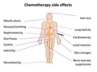 Mouth ulcers
Nausea/vomiting
Nephrotoxicity
Diarrhoea
Cystitis
Infertility
Neurotoxicity
Hair loss
Lung toxicity
Cardiotoxicity
Local reaction
Skin changes
Bone marrow
suppression
Chemotherapy side effects
 