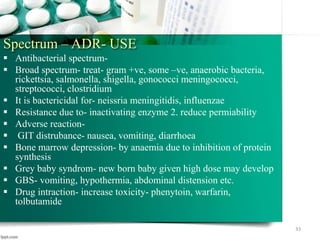 Spectrum – ADR- USE
 Antibacterial spectrum-
 Broad spectrum- treat- gram +ve, some –ve, anaerobic bacteria,
rickettsia, salmonella, shigella, gonococci meningococci,
streptococci, clostridium
 It is bactericidal for- neissria meningitidis, influenzae
 Resistance due to- inactivating enzyme 2. reduce permiability
 Adverse reaction-
 GIT distrubance- nausea, vomiting, diarrhoea
 Bone marrow depression- by anaemia due to inhibition of protein
synthesis
 Grey baby syndrom- new born baby given high dose may develop
 GBS- vomiting, hypothermia, abdominal distension etc.
 Drug intraction- increase toxicity- phenytoin, warfarin,
tolbutamide
33
 