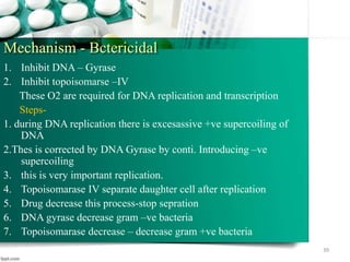 Mechanism - Bctericidal
1. Inhibit DNA – Gyrase
2. Inhibit topoisomarse –IV
These O2 are required for DNA replication and transcription
Steps-
1. during DNA replication there is excesassive +ve supercoiling of
DNA
2.Thes is corrected by DNA Gyrase by conti. Introducing –ve
supercoiling
3. this is very important replication.
4. Topoisomarase IV separate daughter cell after replication
5. Drug decrease this process-stop sepration
6. DNA gyrase decrease gram –ve bacteria
7. Topoisomarase decrease – decrease gram +ve bacteria
39
 