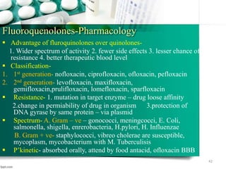 Fluoroquenolones-Pharmacology
 Advantage of fluroquinolones over quinolones-
1. Wider spectrum of activity 2. fewer side effects 3. lesser chance of
resistance 4. better therapeutic blood level
 Classification-
1. 1st generation- nofloxacin, ciprofloxacin, ofloxacin, pefloxacin
2. 2nd generation- levofloxacin, maxifloxacin,
gemifloxacin,prulifloxacin, lomefloxacin, sparfloxacin
 Resistance- 1. mutation in target enzyme – drug loose affinity
2.change in permiability of drug in organism 3.protection of
DNA gyrase by same protein – via plasmid
 Spectrum- A. Gram – ve – gonococci, meningcocci, E. Coli,
salmonella, shigella, enrerobacteria, H.pylori, H. Influenzae
B. Gram + ve- staphylococci, vibreo cholerae are susceptible,
mycoplasm, mycobacterium with M. Tuberculisis
 P’kinetic- absorbed orally, attend by food antacid, ofloxacin BBB
42
 