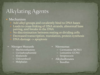  Mechanism
   Add alkyl groups and covalently bind to DNA bases
   Leads to cross-linking of DNA strands, abnormal base
    pairing, and breaks in the DNA
   No discrimination between resting or dividing cells
   Decreased transcription, translation, protein synthesis
   DNA damage -> apoptosis

• Nitrogen Mustards               • Nitrosureas
    –   Mechlorethamine              – Carmustine (BCNU)
    –   Cyclophosphamide             – Lomustine (CCNU
    –   Ifosfamide                   – Streptozocin
    –   Chlorambucil              • Alkylsulfonates
    –   Melphalan                    – Busulfan
 