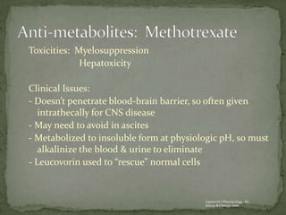 Toxicities: Myelosuppression
             Hepatoxicity

Clinical Issues:
- Doesn’t penetrate blood-brain barrier, so often given
   intrathecally for CNS disease
- May need to avoid in ascites
- Metabolized to insoluble form at physiologic pH, so must
   alkalinize the blood & urine to eliminate
- Leucovorin used to “rescue” normal cells


                                          Lippincott’s Pharmacology. Ed.
                                          Harvey & Champe. 2000.
 