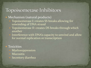  Mechanism (natural products)
   Topoisomerase I: creates SS breaks allowing for
    unwinding of DNA strand
   Topoisomerase II: creates DS breaks through which
    another
   Interference with DNA’s capacity to unwind and allow
    for normal replication or transcription

 Toxicities
   Myelosuppression
   Mucositis
   Secretory diarrhea
 