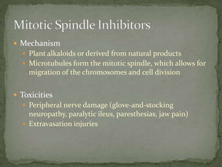  Mechanism
   Plant alkaloids or derived from natural products
   Microtubules form the mitotic spindle, which allows for
    migration of the chromosomes and cell division


 Toxicities
   Peripheral nerve damage (glove-and-stocking
    neuropathy, paralytic ileus, paresthesias, jaw pain)
   Extravasation injuries
 