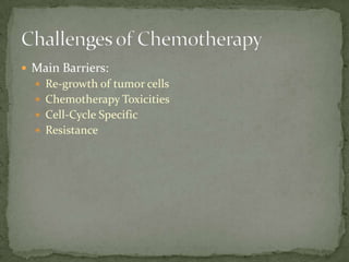  Main Barriers:
   Re-growth of tumor cells
   Chemotherapy Toxicities
   Cell-Cycle Specific
   Resistance
 