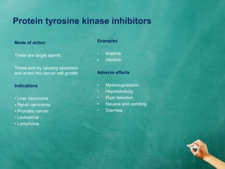 Examples
• Imatinib
• Nilotinib
Adverse effects
• Myelosupression
• Hepatotoxicity
• Fluid retention
• Nausea and vomiting
• Diarrhea
Mode of action
These are target agents
These acts by causing apoptosis
and arrest the cancer cell growth
Indications
• Liver carcinoma
• Renal carcinoma
• Prostatic cancer
• Leukaemia
• Lymphoma
Protein tyrosine kinase inhibitors
 