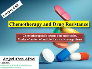 Chemotherapy and Drug Resistance
Chemotherapeutic agents and antibiotics.
Modes of action of antibiotics on microorganisms
Amjad Khan Afridi
Lecturer,
Department of Health & Biological Sciences
Abasyn University Peshawar
 