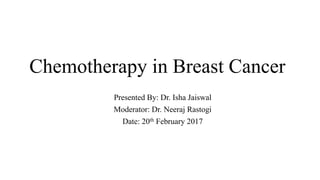 Chemotherapy in Breast Cancer
Presented By: Dr. Isha Jaiswal
Moderator: Dr. Neeraj Rastogi
Date: 20th February 2017
 