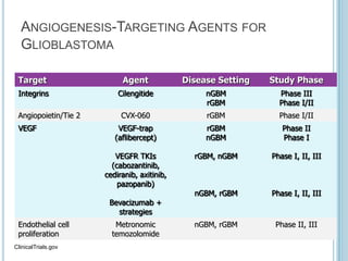 ANGIOGENESIS-TARGETING AGENTS FOR
GLIOBLASTOMA
Target Agent Disease Setting Study Phase
Integrins Cilengitide nGBM
rGBM
Phase III
Phase I/II
Angiopoietin/Tie 2 CVX-060 rGBM Phase I/II
VEGF VEGF-trap
(aflibercept)
VEGFR TKIs
(cabozantinib,
cediranib, axitinib,
pazopanib)
Bevacizumab +
strategies
rGBM
nGBM
rGBM, nGBM
nGBM, rGBM
Phase II
Phase I
Phase I, II, III
Phase I, II, III
Endothelial cell
proliferation
Metronomic
temozolomide
nGBM, rGBM Phase II, III
ClinicalTrials.gov.
 