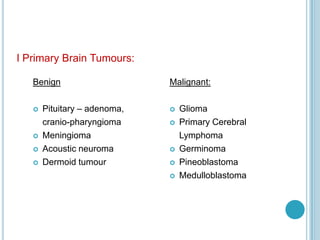 I Primary Brain Tumours:
Benign
 Pituitary – adenoma,
cranio-pharyngioma
 Meningioma
 Acoustic neuroma
 Dermoid tumour
Malignant:
 Glioma
 Primary Cerebral
Lymphoma
 Germinoma
 Pineoblastoma
 Medulloblastoma
 