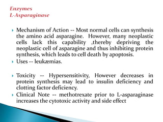 







Mechanism of Action -- Most normal cells can synthesis
the amino acid asparagine. However, many neoplastic
cells lack this capability ,thereby depriving the
neoplastic cell of asparagine and thus inhibiting protein
synthesis, which leads to cell death by apoptosis.
Uses -- leukæmias.
Toxicity -- Hypersensitivity, However decreases in
protein synthesis may lead to insulin deficiency and
clotting factor deficiency.
Clinical Note -- methotrexate prior to L-asparaginase
increases the cytotoxic activity and side effect

 