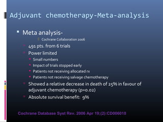 Adjuvant chemotherapy-Meta-analysis
 Meta analysis-
 Cochrane Collaboration 2006
 491 pts. from 6 trials
 Power limited
 Small numbers
 Impact of trials stopped early
 Patients not receiving allocated rx
 Patients not receiving salvage chemotherapy
 Showed a relative decrease in death of 25% in favour of
adjuvant chemotherapy (p=0.02)
 Absolute survival benefit: 9%
Cochrane Database Syst Rev. 2006 Apr 19;(2):CD006018
 