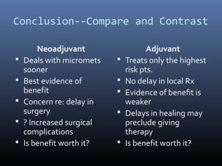 Conclusion--Compare and Contrast
Neoadjuvant
 Deals with micromets
sooner
 Best evidence of
benefit
 Concern re: delay in
surgery
 ? Increased surgical
complications
 Is benefit worth it?
Adjuvant
 Treats only the highest
risk pts.
 No delay in local Rx
 Evidence of benefit is
weaker
 Delays in healing may
preclude giving
therapy
 Is benefit worth it?
 