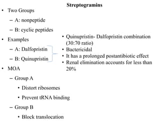 Streptogramins
• Two Groups
– A: nonpeptide
– B: cyclic peptides
• Examples
– A: Dalfopristin
– B: Quinupristin
• MOA
– Group A
• Distort ribosomes
• Prevent tRNA binding
– Group B
• Block translocation
• Quinupristin- Dalfopristin combination
(30:70 ratio)
• Bactericidal
• It has a prolonged postantibiotic effect
• Renal elimination accounts for less than
20%
 