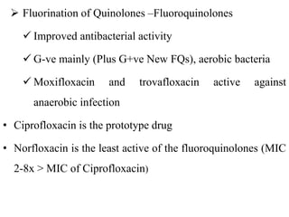  Fluorination of Quinolones –Fluoroquinolones
 Improved antibacterial activity
 G-ve mainly (Plus G+ve New FQs), aerobic bacteria
 Moxifloxacin and trovafloxacin active against
anaerobic infection
• Ciprofloxacin is the prototype drug
• Norfloxacin is the least active of the fluoroquinolones (MIC
2-8x > MIC of Ciprofloxacin)
 