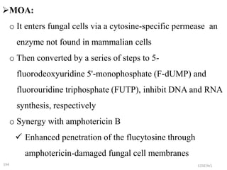 MOA:
o It enters fungal cells via a cytosine-specific permease an
enzyme not found in mammalian cells
o Then converted by a series of steps to 5-
fluorodeoxyuridine 5'-monophosphate (F-dUMP) and
fluorouridine triphosphate (FUTP), inhibit DNA and RNA
synthesis, respectively
o Synergy with amphotericin B
 Enhanced penetration of the flucytosine through
amphotericin-damaged fungal cell membranes
194 7/4/2023
 
