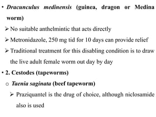 • Dracunculus medinensis (guinea, dragon or Medina
worm)
No suitable anthelmintic that acts directly
Metronidazole, 250 mg tid for 10 days can provide relief
Traditional treatment for this disabling condition is to draw
the live adult female worm out day by day
• 2. Cestodes (tapeworms)
o Taenia saginata (beef tapeworm)
 Praziquantel is the drug of choice, although niclosamide
also is used
 