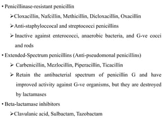 • Penicillinase-resistant penicillin
Cloxacillin, Nafcillin, Methicillin, Dicloxacillin, Oxacillin
Anti-staphyloccocal and streptococci penicillins
 Inactive against enterococci, anaerobic bacteria, and G-ve cocci
and rods
• Extended-Spectrum penicillins (Anti-pseudomonal penicillins)
 Carbenicillin, Mezlocillin, Piperacillin, Ticacillin
 Retain the antibacterial spectrum of penicillin G and have
improved activity against G-ve organisms, but they are destroyed
by lactamases
• Beta-lactamase inhibitors
Clavulanic acid, Sulbactam, Tazobactam
 