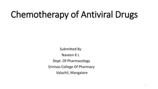 Submitted By
Naveen K L
Dept. Of Pharmacology
Srinivas College Of Pharmacy
Valachil, Mangalore
1
Chemotherapy of Antiviral Drugs
 