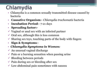 Chlamydia
• Chlamydia is a common sexually transmitted disease caused by
bacteria
• Causative Organism:- Chlamydia trachomatis bacteria
• Incubation Period:- 7-21 days
• Spreading factor:-
 Vaginal or anal sex with an infected partner
 Oral sex, although this is less common
 Sharing sex toys, touching parts of the body with fingers
• Sign & Symptoms:-
• Chlamydia Symptoms in Women:
 An unusual vaginal discharge
 Pain or a burning sensation when passing urine
 Bleeding between periods
 Pain during sex or bleeding after sex
 Low abdominal pain sometimes with nausea
 
