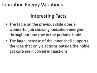 Ionization Energy Variations

               Interesting Facts
 • The table on the previous slide does a
   wonderful job showing ionization energies
   throughout one row in the periodic table
 • The large increase of the inner shell supports
   the idea that only electrons outside the noble
   gas core are involved in reactions
 
