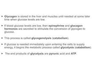 ➤ Glycogen is stored in the liver and muscles until needed at some later
time when glucose levels are low.
➤ If blood glucose levels are low, then epinephrine and glucagon
hormones are secreted to stimulate the conversion of glycogen to
glucose.
➤ This process is called glycogenolysis (catabolism).
➤ If glucose is needed immediately upon entering the cells to supply
energy, it begins the metabolic process called glycolysis (catabolism).
➤ The end products of glycolysis are pyruvic acid and ATP.
 