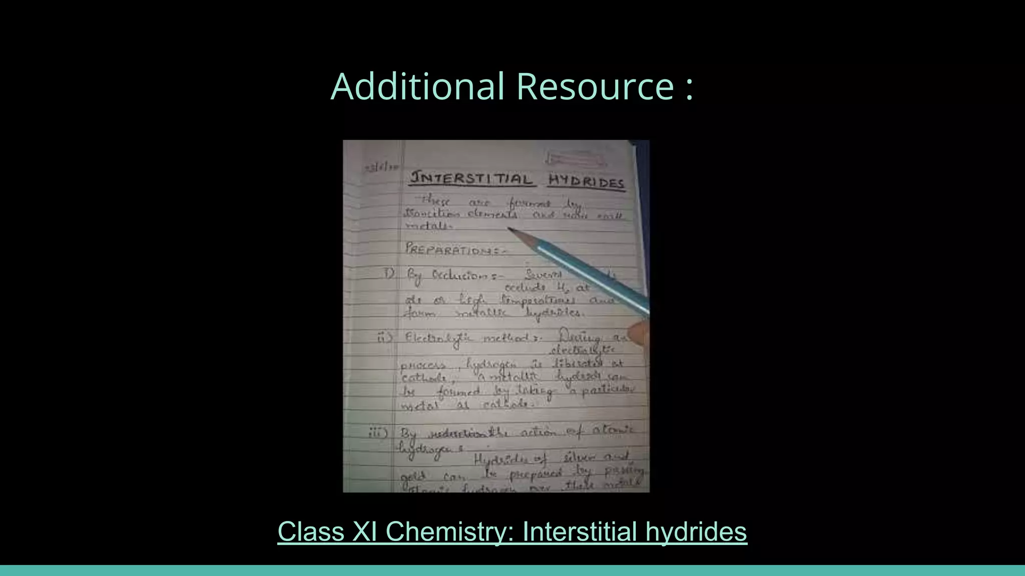 Additional Resource :
Class XI Chemistry: Interstitial hydrides
 