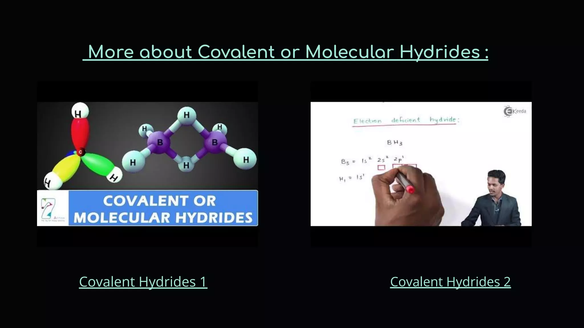 More about Covalent or Molecular Hydrides :
Covalent Hydrides 2
Covalent Hydrides 1
 