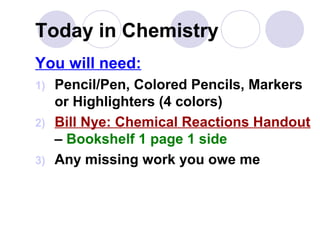 Today in Chemistry
You will need:
1) Pencil/Pen, Colored Pencils, Markers
or Highlighters (4 colors)
2) Bill Nye: Chemical Reactions Handout
– Bookshelf 1 page 1 side
3) Any missing work you owe me
 