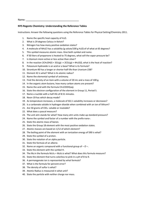 Understanding the Chemistry Reference Tables Lab w/ Key | PDF