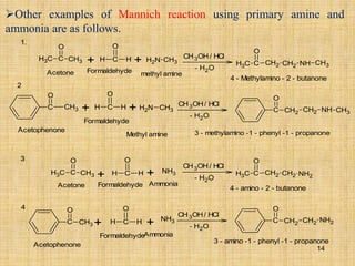 Other examples of Mannich reaction using primary amine and
ammonia are as follows.
+
Acetone
C
H3 C CH3
O
C
O
H H + N
H2 CH3
CH3OH/ HCl
- H2O
C
H3 C CH2
O
CH2 NH CH3
Formaldehyde methyl amine
4 - Methylamino - 2 - butanone
+
Acetophenone
C CH3
O
C
O
H H + N
H2 CH3
CH3OH/ HCl
- H2O
C CH2
O
CH2 NH CH3
Formaldehyde
Methyl amine 3 - methylamino -1 - phenyl -1 - propanone
+
Acetone
C
H3 C CH3
O
C
O
H H +
CH3OH/ HCl
- H2O
C
H3 C CH2
O
CH2 NH2
Formaldehyde Ammonia
4 - amino - 2 - butanone
+
Acetophenone
C CH3
O
C
O
H H +
CH3OH/ HCl
- H2O
C CH2
O
CH2 NH2
FormaldehydeAmmonia
3 - amino -1 - phenyl -1 - propanone
NH3
NH3
1.
2
3
4
14
 