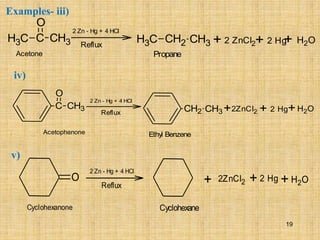 Examples- iii)
C
H3 C CH3
O
2 Zn - Hg + 4 HCl
C
H3 CH2 CH3 + 2 ZnCl2 2 Hg H2O
+ +
Reflux
Acetone Propane
C CH3
O
2 Zn - Hg + 4 HCl
CH2 CH3+2ZnCl2 2 Hg H2O
+ +
Reflux
Acetophenone Ethyl Benzene
iv)
v)
O
2 Zn - Hg + 4 HCl
+ 2ZnCl2 2 Hg H2O
+ +
Reflux
Cyclohexanone Cyclohexane
19
 
