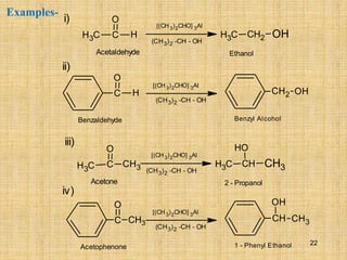 Examples-
C
H3 C H
O
[(CH 3)2CHO] 3Al
Acetaldehyde Ethanol
(CH3)2 -CH - OH
C
H3 CH2 OH
C H
O
CH2 OH
[(CH 3)2CHO] 3Al
(CH3)2 -CH - OH
Benzaldehyde Benzyl Alcohol
C
H3
C CH3
O
[(CH 3)2CHO] 3Al
Acetone 2 - Propanol
(CH3)2 -CH - OH
C
H3 CH CH3
O
H
C CH3
O
CH
OH
CH3
[(CH 3)2CHO] 3Al
(CH3)2 -CH - OH
Acetophenone 1 - Phenyl Ethanol
i)
ii)
iii)
iv)
22
 