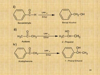C H
O
CH2 OH
LiAlH 4
Ether
Benzaldehyde Benzyl Alcohol
C
H3 C CH3
O
LiAlH 4
Acetone 2 - Propanol
Ether C
H3 CH CH3
O
H
C CH3
O
CH
OH
CH3
LiAlH 4
Ether
Acetophenone 1 - Phenyl Ethanol
ii)
iii)
iv)
24
 