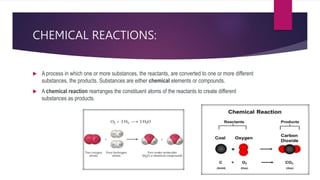 CHEMICAL REACTIONS:
 A process in which one or more substances, the reactants, are converted to one or more different
substances, the products. Substances are either chemical elements or compounds.
 A chemical reaction rearranges the constituent atoms of the reactants to create different
substances as products.
 
