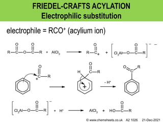 electrophile = RCO+ (acylium ion)
FRIEDEL-CRAFTS ACYLATION
Electrophilic substitution
Cl3
Al
_
+ AlCl3
_
- H+
AlCl3
Cl3
Al
_
+ H+
© www.chemsheets.co.uk A2 1026 21-Dec-2021
 