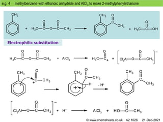 e.g. 4 methylbenzene with ethanoic anhydride and AlCl3 to make 2-methylphenylethanone
Electrophilic substitution
Cl3
Al
_
+ AlCl3
- H+
AlCl3
Cl3
Al
_
+ H+
© www.chemsheets.co.uk A2 1026 21-Dec-2021
 