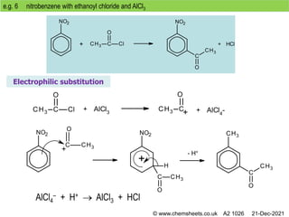 e.g. 6 nitrobenzene with ethanoyl chloride and AlCl3
Electrophilic substitution
AlCl4
– + H+  AlCl3 + HCl
+ HCl
+ AlCl3 + AlCl4
-
- H+
© www.chemsheets.co.uk A2 1026 21-Dec-2021
 