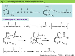 e.g. 7 1,3-dimethylbenzene with ethanoic anhydride and AlCl3
Electrophilic substitution
Cl3
Al
_
+ AlCl3
- H+
AlCl3
Cl3
Al
_
+ H+
© www.chemsheets.co.uk A2 1026 21-Dec-2021
 