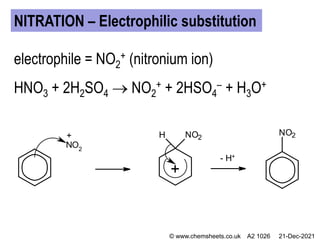electrophile = NO2
+ (nitronium ion)
HNO3 + 2H2SO4  NO2
+ + 2HSO4
– + H3O+
- H+
NO2
NITRATION – Electrophilic substitution
© www.chemsheets.co.uk A2 1026 21-Dec-2021
 