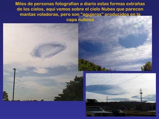 Miles de personas fotografían a diario estas formas extrañas de los cielos, aquí vemos sobre el cielo Nubes que parecen mantas voladoras, pero son “agujeros” producidos en la capa nubosa 