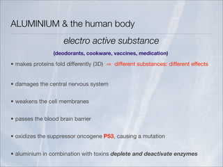 ALUMINIUM & the human body
                     electro active substance
                 (deodorants, cookware, vaccines, medication)

• makes proteins fold differently (3D)   different substances: different effects


• damages the central nervous system


• weakens the cell membranes


• passes the blood brain barrier


• oxidizes the suppressor oncogene P53, causing a mutation


• aluminium in combination with toxins deplete and deactivate enzymes
 