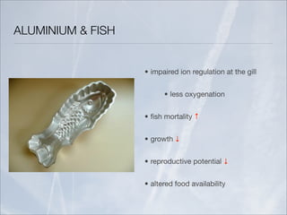 ALUMINIUM & FISH


                   • impaired ion regulation at the gill


                         • less oxygenation


                   • ﬁsh mortality ↑


                   • growth ↓


                   • reproductive potential ↓


                   • altered food availability
 
