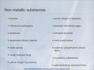 Non-metallic substances

 • ﬂuoride                                           • exotic strains of bacteria


 • infectuous pathogens                              • parasitic nematode eggs


 • sedatives                                         • ethylene bromide


 • dessicated blood, plasma                          • nano particulates


 • mold spores                                       • polymer /polyethylene silicon
                                                       ﬁbers
 • virally mutated fungi
                                                     • crystalline substances
 • yellow fungal mycotoxins
                                                     • self-replicating nanomachines
                 http://www.globalresearch.ca/index.php?context=va&aid=19047
 