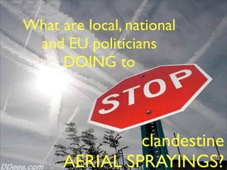 What are local, national
 and EU politicians
     DOING to



               clandestine
      AERIAL SPRAYINGS?
 