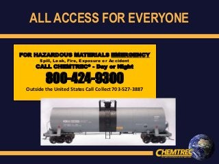 ALL ACCESS FOR EVERYONE
FOR HAZARDOUS MATERIALS EMERGENCY
Spill, Leak, Fire, Exposure or Accident
CALL CHEMTREC® - Day or Night
800-424-9300
Outside the United States Call Collect 703-527-3887
 