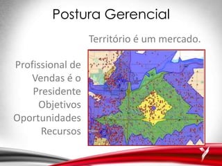 Postura Gerencial
Território é um mercado.
Profissional de
Vendas é o
Presidente
Objetivos
Oportunidades
Recursos
 