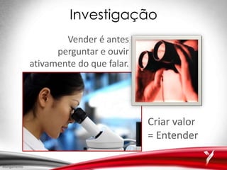 Investigação
Vender é antes
perguntar e ouvir
ativamente do que falar.
Criar valor
= Entender
Alongamento
 