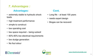 Cont.
• Long life – at least 100 years
• needs expert design
• Biogas can be recoverd
13
Advantages:
• extremely stable to hydraulic shock
loads
• high treatment performance
• simple to construct
• low operating cost
• low space required – being subsoil
• 60%-90% low electrical requirements
• low sludge generation
• No foul odour
7. Advantages :
 
